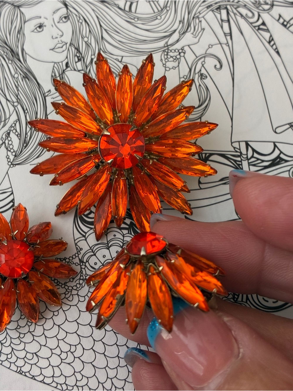 NOS VINTAGE Judy Lee Orange Crystal Floral Statement Brooch and Earring Set